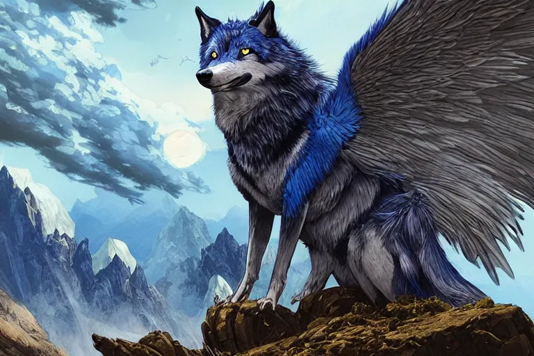 Image similar to Blue feathered wolf with wings on a beautiful fantasy landscape, hills, mountains, moonlit, HD, illustration, epic, D&D, fantasy, intricate, elegant, highly detailed, digital painting, artstation, concept art, smooth, sharp focus, illustration, wallpaper, art by artgerm and greg rutkowski and alphonse mucha and jin xiaodi