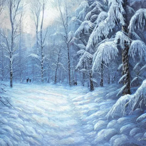 Prompt: hyperborean civilization, beautiful realistic painting, winter, trees, snow