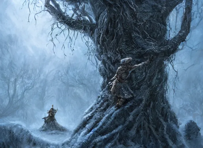 Image similar to a guard hiding on a tree as frost zombies march beneath, cinematic fantasy painting, dynamic perspective, raw feeling, game of thrones, jessica rossier and brian froud and marc simonetti