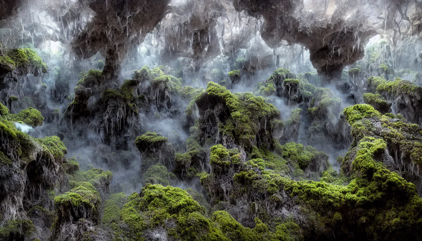 Image similar to wet expansive caves with growing fungal mycelium biodiversity ,deep boiling pools of water reflecting the surfaces around them spraying steam high into the air , small futuristic cities emerge in between the rock formations, dramatic dusk sun illuminates areas and cast strong shadows, volumetric light through the boiling mist ,detailed entangled fibres carpet the fallen rocks , tree roots puncture and crack rocks , stormy clouds gather in the distance ,full colour , upscale , 8k