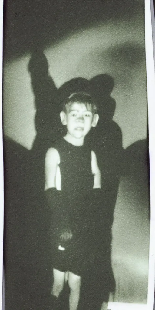 Prompt: found polaroid photo of a young boy with a horrifying shadow demon with glowing eyes looming behind him in a musty basement, detailed real photo