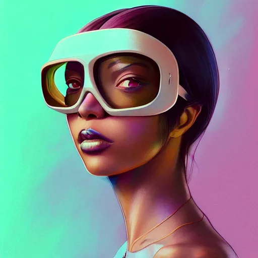 Image similar to beautiful woman wearing opaque reflective goggles profile picture by greg rutkowski, dynamic pose, brown skin, long locs hair, asymmetrical, futuristic, pastel neon colors, streetwear, studio ghibli, organic painting, matte painting, geometric shapes, hard edges, street art, trending on artstation, fantasy lut, realistic by sachin teng,