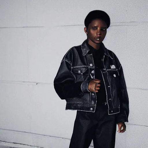 Image similar to realistic photoshooting for a new sacai emil lookbook color film photography portrait of a beautiful woman model, model wears a black paneled denim jacket, photo in style of tyler mitchell