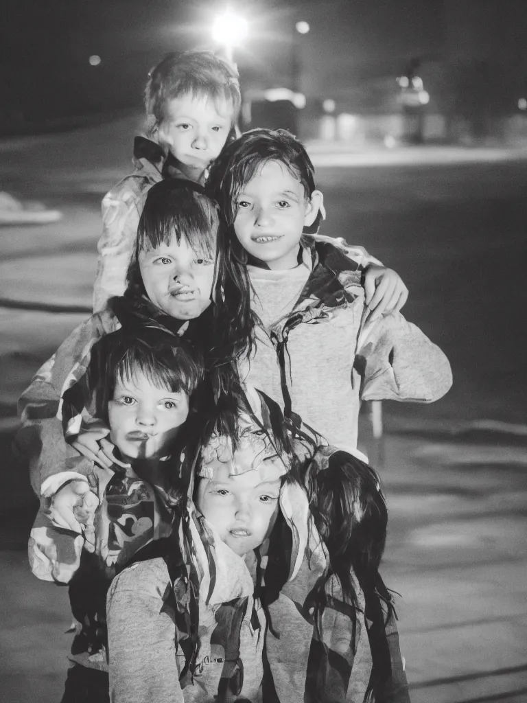 Prompt: two kids posing for a picture at night, backlit, small town, town square, lomography