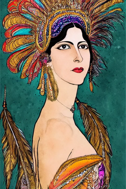 Prompt: portrait of mata hari, ultra realistic, feather headdress, indian fabric swirling colorful, fantasy, intricate, elegant, highly detailed, digital painting, artstation, concept art, matte, sharp focus, illustration, art by kay nielsen and walter crane, illustration style, watercolor