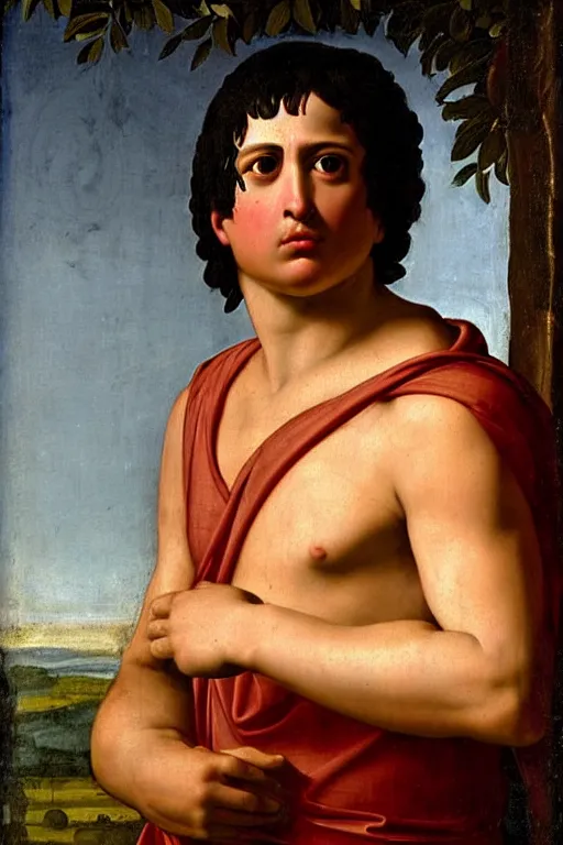 Prompt: renaissance painting of man, short black hair, pleading face, tears dripping from the eyes, emotions closeup, dressed in roman armour, the Eden garden, ultra detailed, art by Guido Reni style, Vincenzo Catena style