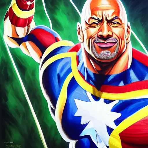 Image similar to an oil painting of dwayne johnson all might from my hero academia by artgerm, 4 k anime, middle ages, hd, hdr, ue 5, ue 6, unreal engine 5, third dimensional, 3 d, disney quality cinematic 4 k wallpaper, 8 k, ultra detailed, gta 5 cover art, high resolution, artstation, award winning