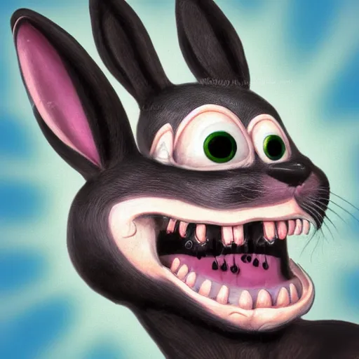 Image similar to A extremely highly detailed majestic hi-res beautiful, highly detailed head and shoulders portrait of a scary terrifying, horrifying, creepy maniacal crazy black cartoon rabbit with scary big eyes, earing a shirt laughing maniacally , let's be friends, in the style of a Walt Disney cartoon