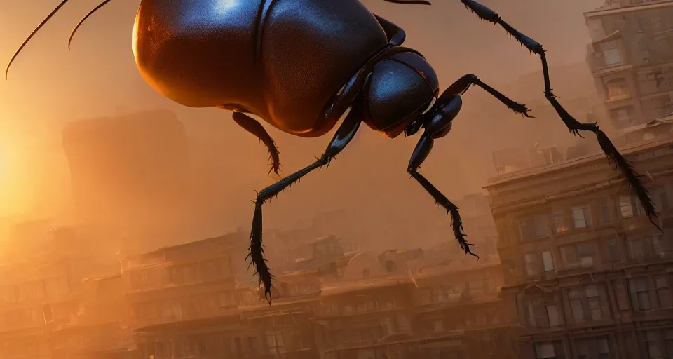 Image similar to giant beetle flies down the street, close up, hyperdetailed, artstation, cgsociety, golden hour 8k