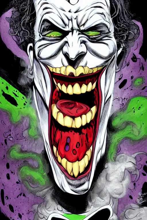 Image similar to angry joker, clenching teeth, with ghost smokes behind, illustration, jason fabok style, fantasy color scheme