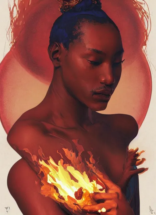 Prompt: portrait of african man, fire, red aura in motion, floating pieces, painted art by tsuyoshi nagano, greg rutkowski, artgerm, alphonse mucha, spike painting