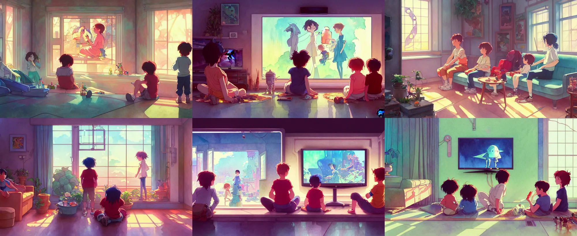 Prompt: a wholesome animation key shot of children watching tv show about robots, studio ghibli, pixar and disney animation, sharp, disney concept art watercolor illustration by mandy jurgens and alphonse mucha and alena aenami, pastel color palette, dramatic lighting