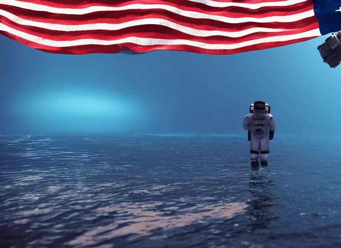 Image similar to astronaut underwater putting a flag on the bottom of the ocean. in the background, a submarine is visible. dark, cinematic, dramatic, blender, photorealistic, octane render, 8 k, volumetric lighting, trending on artstation