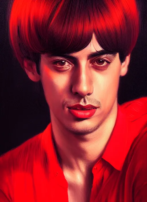Prompt: portrait of chico buarque with bangs, 1 9 6 0 s, long hair, red clothes, bangs, intricate, elegant, glowing lights, highly detailed, digital painting, artstation, concept art, smooth, sharp focus, illustration, art by wlop, mars ravelo and greg rutkowski