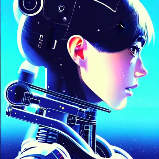 Image similar to side portrait scifi cyborg girl with robotic parts and spacesuit | | head only in center of image, audrey plaza, fine detail!! anime!! realistic shaded lighting!! poster by ilya kuvshinov katsuhiro otomo ghost - in - the - shell, magali villeneuve, artgerm, jeremy lipkin and michael garmash and rob rey