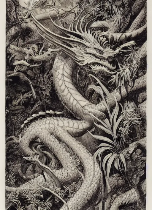 Prompt: dragon in a tropical forest, john james audubon, ernst haeckel, intaglio, sharp focus