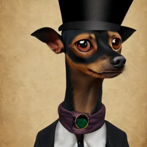 Image similar to portrait of steampunk min pin wearing top hat and monocle, photorealistic, 4k, deviantart