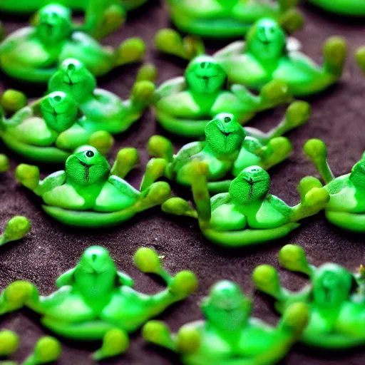 Prompt: an army of green frogs, preparing for war, standing on 2 feet, plague,