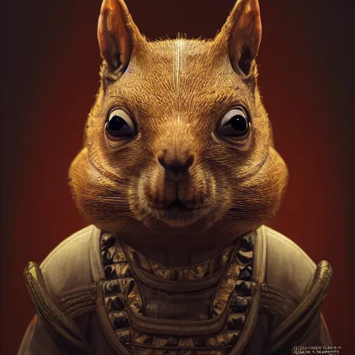 Image similar to centred detailed baroque portrait of a grotesque squirrel in a Japanese helmet and with katana, realistic creature concept, identical eyes, gazing eyes, beautiful eyes medium shot, elegant pose, fantasy, illustration, slender symmetrical face and body, artstation, cinematic lighting, hyperdetailed, cgsociety, 8k Resolution, high resolution, Charlie Bowater, Tom Bagshaw, Tom Richmond, single face, insanely detailed and intricate, beautiful, elegant, golden ratio, bloom and flowers in background, vfx, psychadelic
