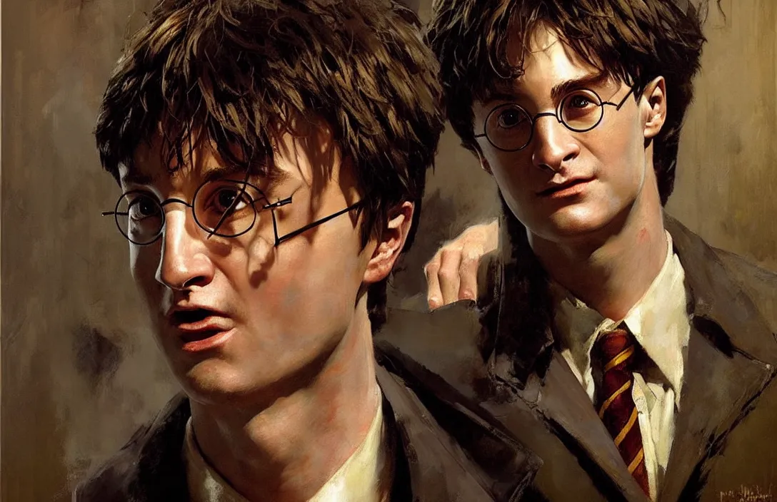 Image similar to portrait of harry potter!!!!!!!!!!!!!!!!!!!!!!!!!!!, detailed face, detailed painting,, epic lighting, by ilya repin, phil hale and kent williams