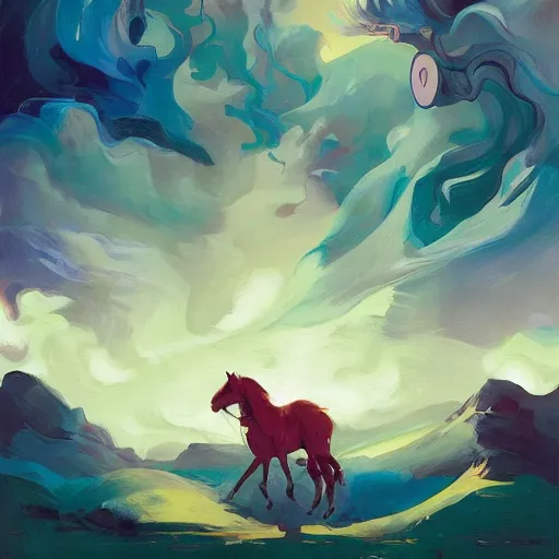 Image similar to over the hills, by peter mohrbacher, dream as a horse, jeremy man, francoise nielly, van gogh, ross tran, beautiful, award winning scenery