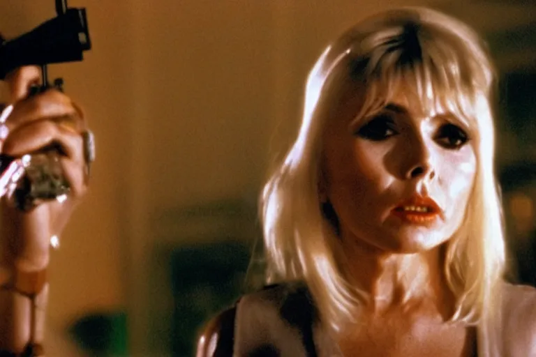 Prompt: a film portrait still of debbie harry in scarface, gritty vice atmosphere. realism, cinematic lighting, 4 k. 8 mm. grainy. panavision.