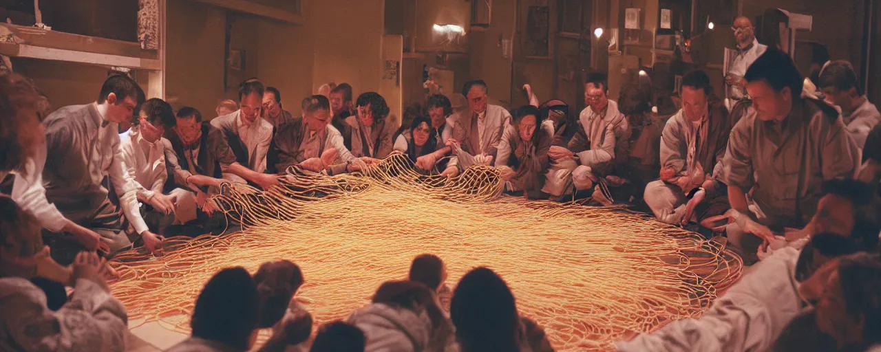 Image similar to a group of people praying to a giant spaghetti deity, canon 5 0 mm, cinematic lighting, photography, retro, film, kodachrome