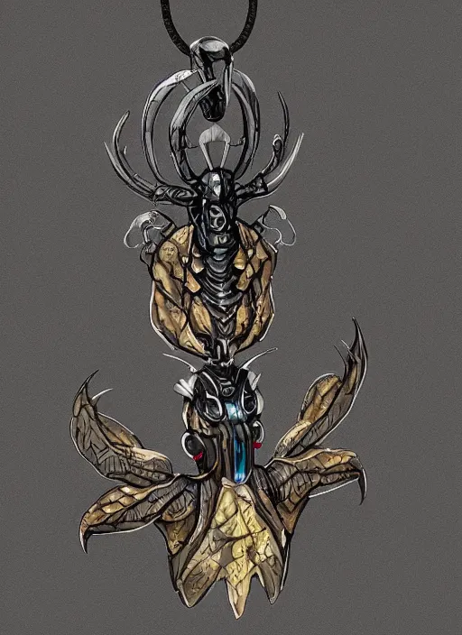 Prompt: concept art of small insect pendant, fantasy illustration, trending on artstation, dungeon and dragon, symmetry, item art, high res