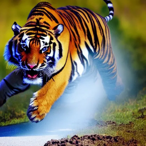 Image similar to A tiger running away from an erupting volcano