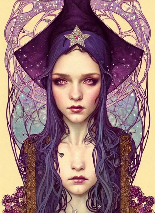 Image similar to fantastic portrait of a beautiftul witch with some shinny star, cloak, royally decorated crystal gemstones, symmetrical face, art nouveau, portrait, cute, fairy, by artgerm, kelly mckernan, greg rutkowski, alphonse mucha, detailed background, artstation, intricate, elegant, highly detailed, colorful, maximalist