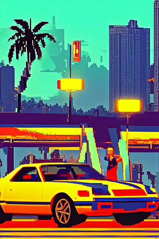 Prompt: life in the caspian hood. pixel art, gta vice city art style. pop art, no duplicate image, glowing lights, ultra details, digital painting, artstation, concept art, smooth, sharp focus, illustration, intecrate details, art by richard hamilton and mimmo rottela, pixels art by kirokaze and paul robertson