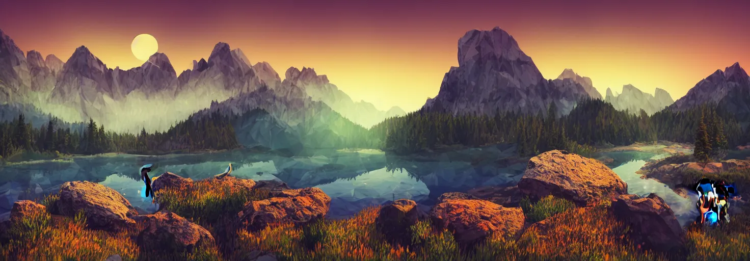 Prompt: super detailed color lowpoly art, northern sunset with rocks on front, blured monochromic lake in the middle of perspective and foggy mountains at background, graphic reindeers in random points, unreal engine, gothic rich deep colors, molotow premium color palette, 3d render, lowpoly, colorful, digital art