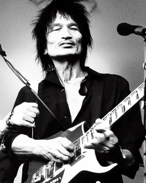 Image similar to sixty years old viktor tsoi with guitar in his hands, photo, microphone, rock concert, black and white, iso 6 0 0, 3 5 mm, codac gold