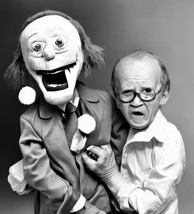 Prompt: hyper realistic old 1 9 8 0 photography of lunatic mad scared ventriloquist old man with terrific haunted small human faced puppet