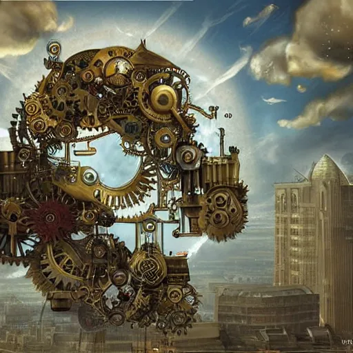 Prompt: flying! city in a mechanical flower, sky!, fantasy art, steampunk, masterpiece