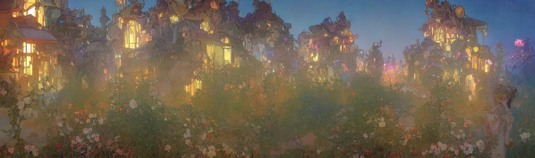 Prompt: a beautiful painting of a science fiction landscape, houses on stilts, different colour led lights and neon, flowers, by alfons maria mucha and julie dillon and makoto shinkai