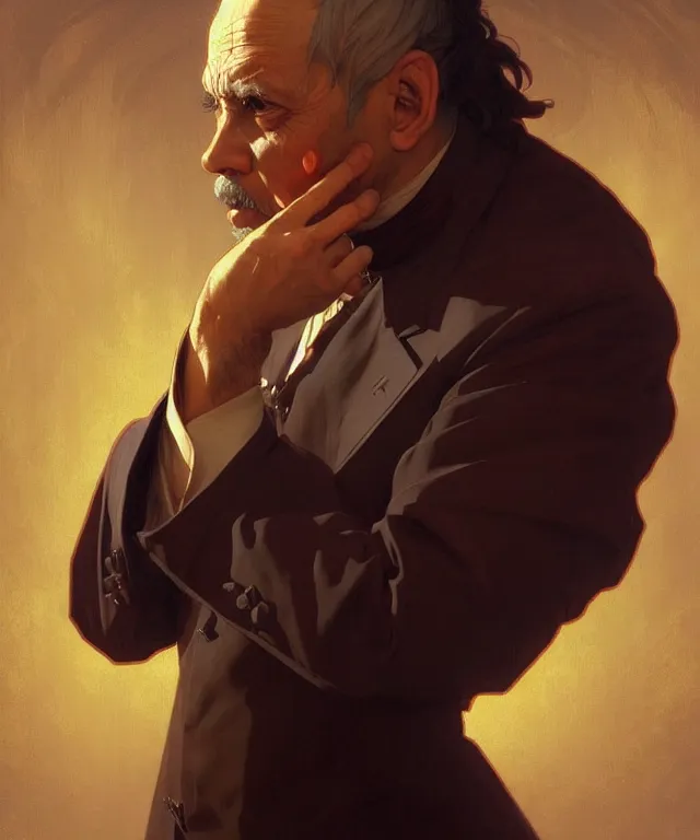 Prompt: a bad preacher, a suspicious priest, portrait, intricate, elegant, highly detailed, digital painting, artstation, concept art, smooth, sharp focus, illustration, art by artgerm and greg rutkowski and alphonse mucha