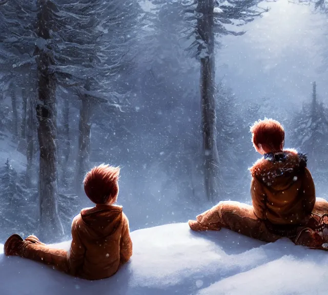 Image similar to a boy and a girl with long flowing auburn hair sitting together on the porch of a cabin on a mountain overlooking a snowy forest. Atmospheric lighting, long shot, romantic, boy and girl are the focus, cold lighting, snowy. details, sharp focus, illustration, by Jordan Grimmer and greg rutkowski, Trending artstation, pixiv, digital art