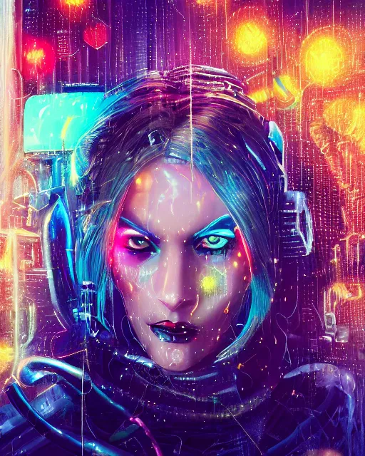 Image similar to a cyberpunk close up portrait of enchanting cyborg cruella de vil, electricity, rainbow, sparks, bokeh, soft focus, sparkling, glisten, water drops, cold, dark, geometric, temples behind her, by paul lehr, jesper ejsing