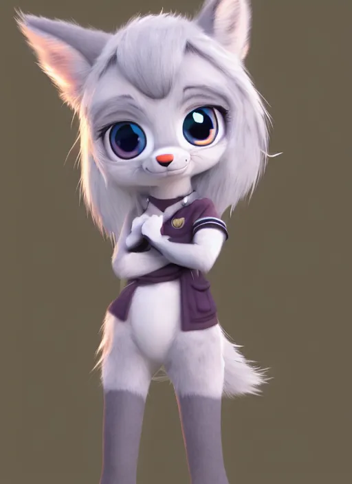 Image similar to female furry mini cute style, character adoptable, highly detailed, rendered, ray - tracing, cgi animated, 3 d demo reel avatar, style of maple story and zootopia, maple story fox girl, grey fox, soft shade, soft lighting