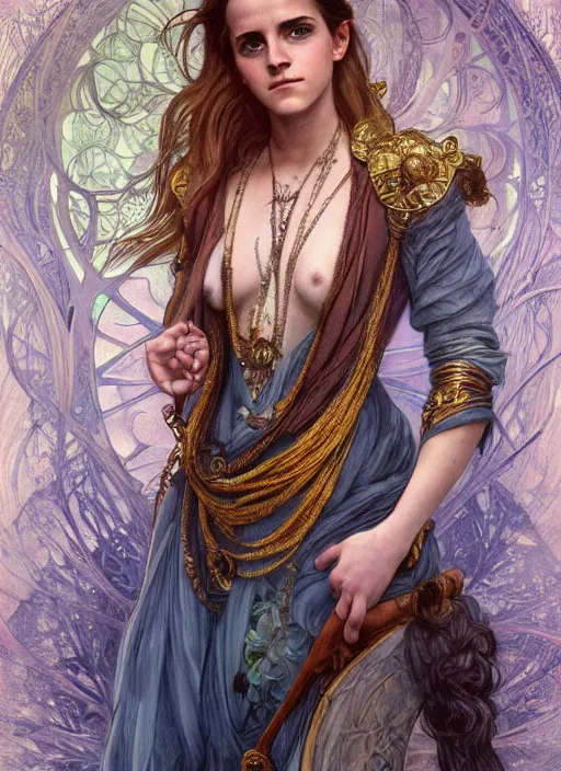 Image similar to Emma Watson as Driada, full body shot, cute, fantasy, intricate, elegant, highly detailed, digital painting, 4k, HDR, concept art, smooth, sharp focus, illustration, art by alphonse mucha,artgerm, H R Giger