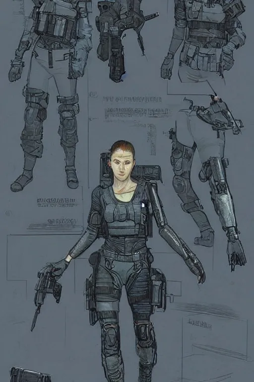 Image similar to Maria. blackops mercenary in near future tactical gear, stealth suit, and cyberpunk headset. Blade Runner 2049. concept art by James Gurney and Mœbius.