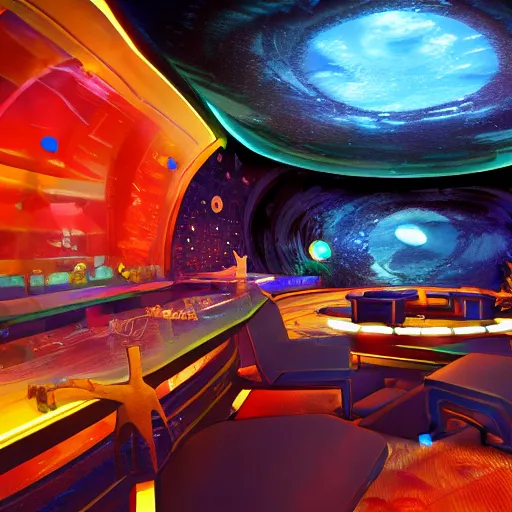 Prompt: space punk nightclub on an asteroid orbiting saturn with an indoor aquarium and bar