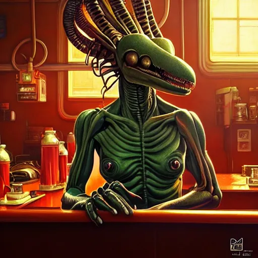 Image similar to portrait of a xenomorph muppet working in a diner, arms crossed, promotional pose, intricate, headshot, highly detailed, digital painting, artstation, concept art, sharp focus, cinematic lighting, illustration, art by artgerm and greg rutkowski, alphonse mucha, cgsociety