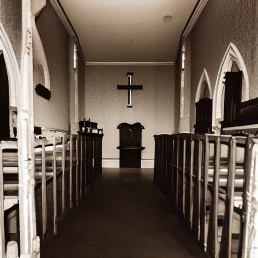 Prompt: creepy church nursery liminal space, dark photograph