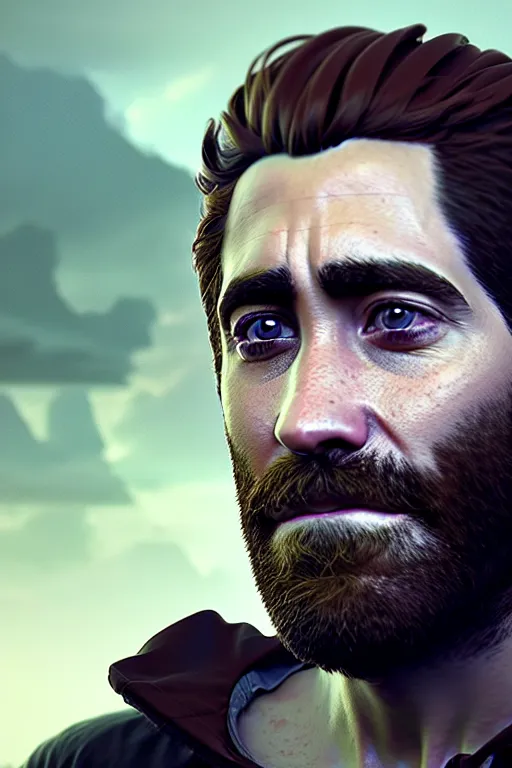 Image similar to portrait of jake gyllenhaal rendered in unreal engine 5, by wlop, greg rutkowski, and peter mohrbacher, 3 d, extremely detailed shading, concept art, character design, trending on artstation, unreal engine 5, octane render, atmosphere, glow, cinematic lighting, full of color