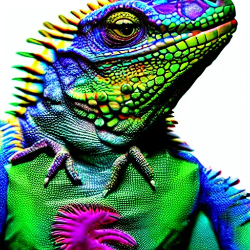 Image similar to Psychedelic technicolor iguana, high quality, 8k photography, ultra realistic, trending on Artstation