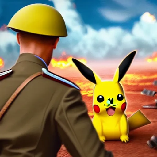 Image similar to ! pikachu! fighting stalin in ww 2 uniform and a mustache, fighting in world war 2, photorealistic, high detail, realistic, sharp focus, smooth edges, soldiers in the background, dramatic, sky on fire with dogfights in the sky. wide angle