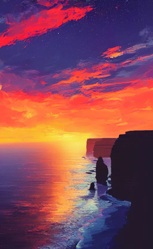 Image similar to a beautiful illustration of twelve apostles at sunset, art of alena aenami, featured on artstation, vertical orientation, paint brush strokes, expressionism, brushstroke - laden, breathtaking clouds, birds, ocean, beautiful stars, long exposure, gigantic sun, airy theme, red purple gradient, lens flare