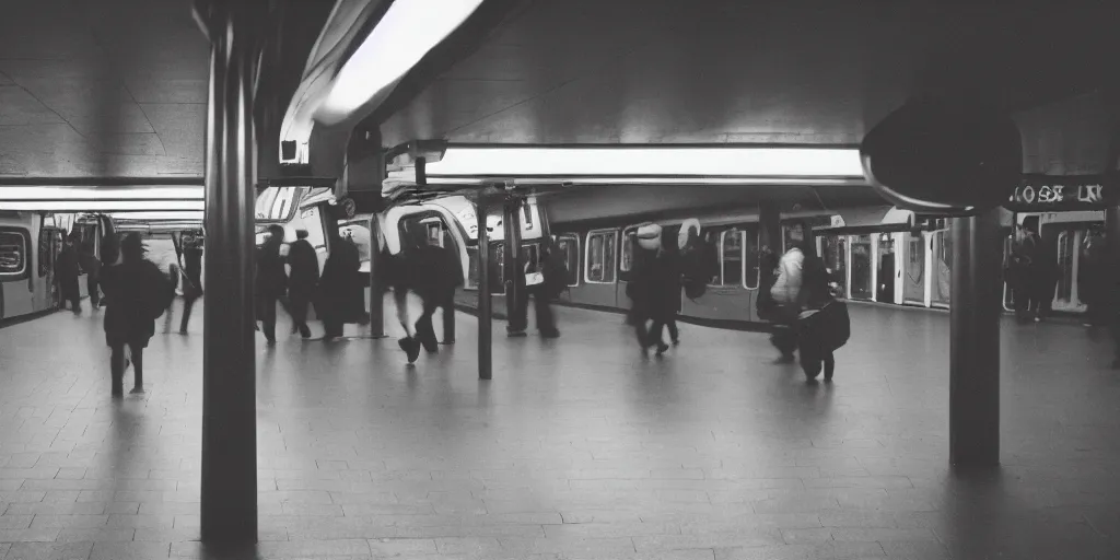 Image similar to photo, london underground, 5 0 mm f / 1. 4, cinestill 8 0 0,